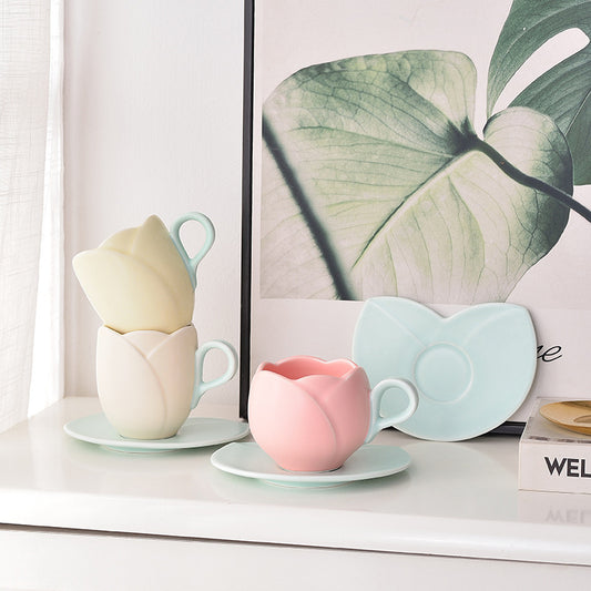 Ins Vintage Tulip Coffee Cup High Ceramic Cup and Plate Set Creative and Exquisite Flower Mark Cup European Coffee Cup and Plate Set - Premium  from eprolo - Just $29.12! Shop now at Help Your Friend