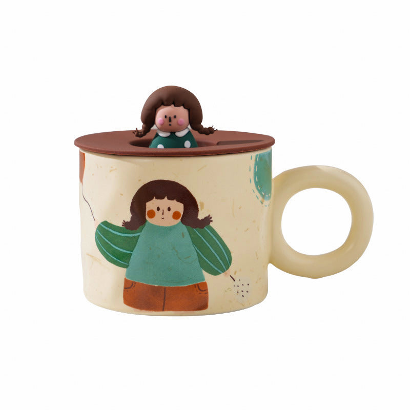 Creative Cute Mug with Lid Ceramic Distinctive Couple Water Mug Vintage Cartoon Girl Printed - Premium  from eprolo - Just $18.54! Shop now at Help Your Friend