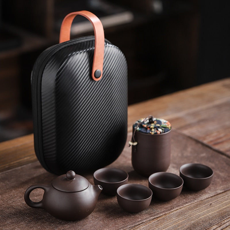 Purple Sand Tea Cups Ceramic Portable Teapot Set Outdoor Travel Gaiwan Tea Cups of Tea Ceremony Teacup Fine Gift Kung Fu Tea Set - Premium  from eprolo - Just $44.16! Shop now at Help Your Friend