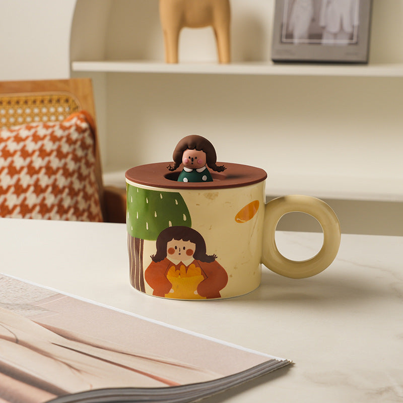 Creative Cute Mug with Lid Ceramic Distinctive Couple Water Mug Vintage Cartoon Girl Printed - Premium  from eprolo - Just $18.54! Shop now at Help Your Friend