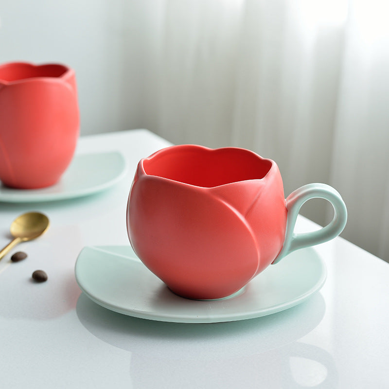 Ins Vintage Tulip Coffee Cup High Ceramic Cup and Plate Set Creative and Exquisite Flower Mark Cup European Coffee Cup and Plate Set - Premium  from eprolo - Just $29.12! Shop now at Help Your Friend